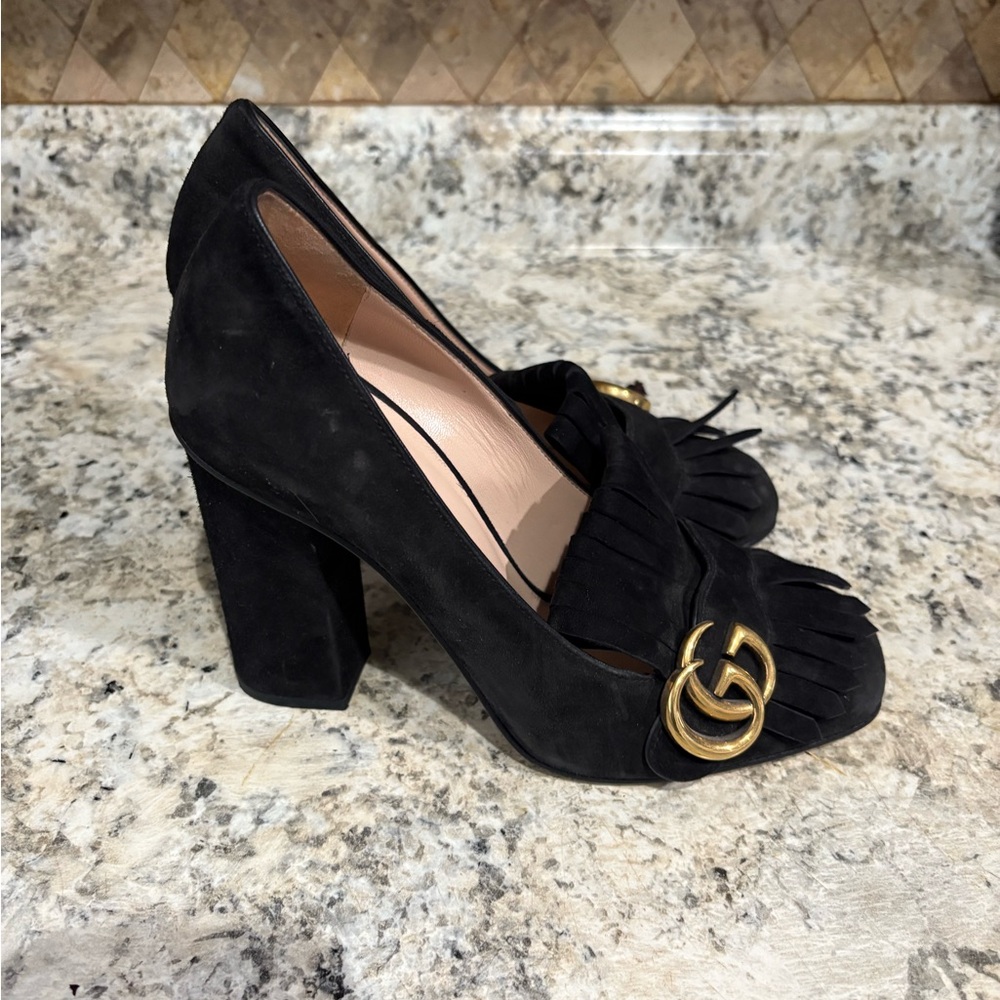 AUTHENTIC GUCCI GG SUEDE FRINGE BLACK HEEL
